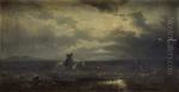 Cavalier Dans Un Paysage De Marais Au Clair De Lune Oil Painting by August Von Wille