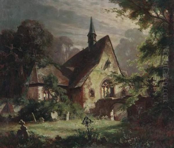 Chapel In The Moonlight Oil Painting by Fritz Von Wille