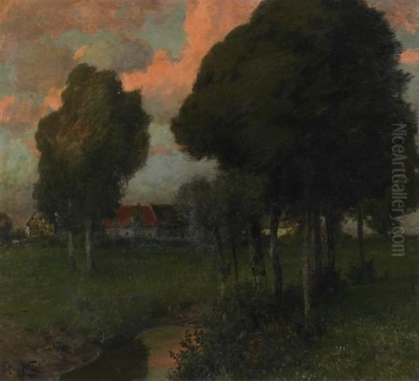 Eifel Landscape With Homesteads In The Evening Red Oil Painting by Fritz Von Wille