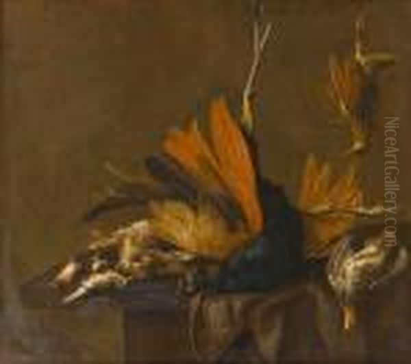 A Peacock, Rabbit, Partridge, Woodcock And Songbirds On A Draped Table Oil Painting by Elias Vonck