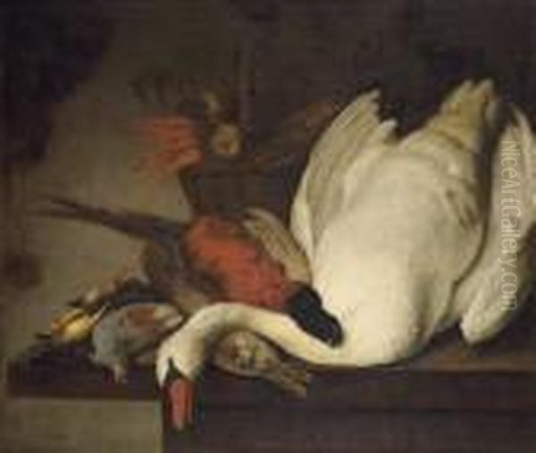 A Dead Swan, Pheasant, Rabbit, 
Grouse, Finches And A Basket Of Carrots And Onions On A Stone Table Oil Painting by Elias Vonck