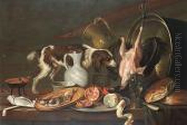 A Tabletop With A Spaniel, A 
Hanging Chicken, A Dish With Herring, A Pommegranate And A Peeled Lemon 
On A Salver, A Roemer, Bread And A Jug, Copper Pot And A Brazier Oil Painting by Elias Vonck