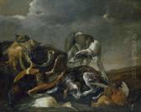 After The Hunt, A Greyhound And A Pointer Guarding Game In Alandscape Oil Painting by Elias Vonck