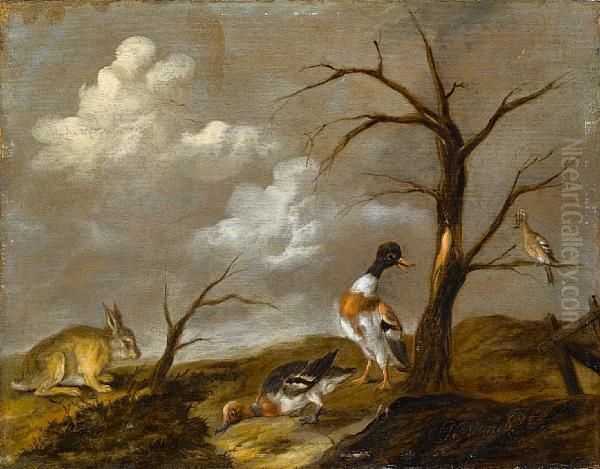 A Rabbit With Wildfowl In A Landscape Oil Painting by Jacobes Vonck