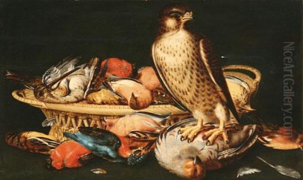 Still Life With Game In A Basket And A Hawk Oil Painting by Jacobes Vonck