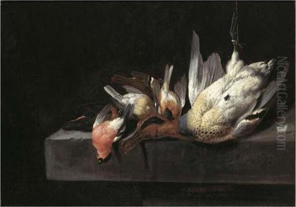 A Still Life With Birds And A Duck On A Stone Ledge Oil Painting by Jacobes Vonck