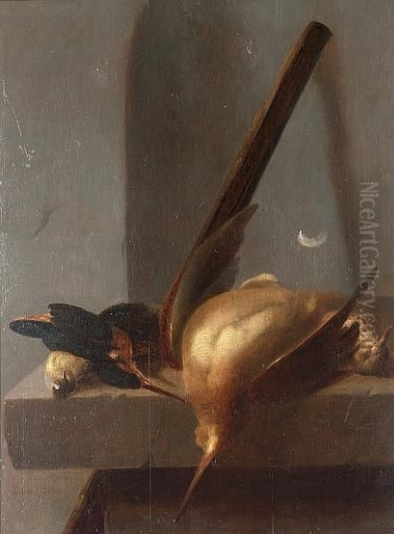 A Dead Woodcock, Kingfisher, Thrush And Great-tit Hanging Above A Stone Ledge Oil Painting by Jacobes Vonck