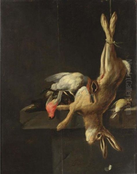 A Hunting Still Life With A Hare
 Together With A Duck, Two Finches And Another Bird On A Stone Ledge Oil Painting by Jacobes Vonck