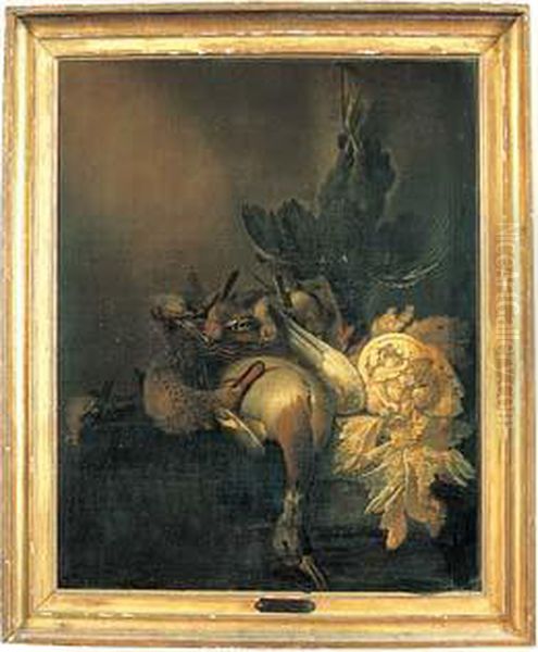 Nature Morte Au Canard, Volaille Et Choux Sur Un Entablement Oil Painting by Jacobes Vonck