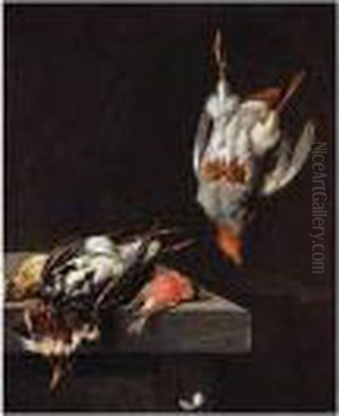 Still Life With A Ruff, 
Bullfinch, And A Pippit On A Ledge, And A Partridge Hanging From A Nail Oil Painting by Jacobes Vonck