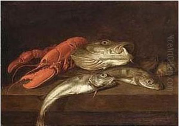 A Still Life A Lobster, A Cod And Other Fish, All On A Wooden Ledge Oil Painting by Jacobes Vonck