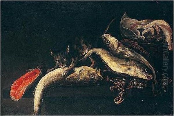 Still Life Of Salt Water Fish And Lobster On A Table Top, Guarded By A Cat Oil Painting by Jacobes Vonck