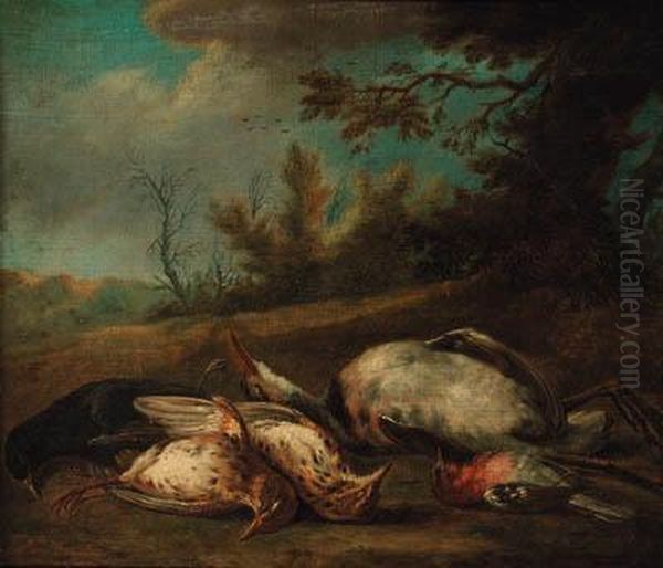 A Dead Blackbird, A Chaffinch, Thrushes And A Heron In Alandscape Oil Painting by Jacobes Vonck