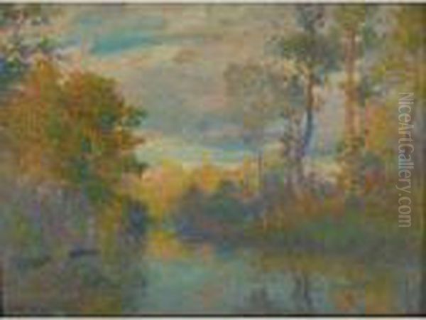 Lakeside Landscape Oil Painting by Robert William Vonnoh