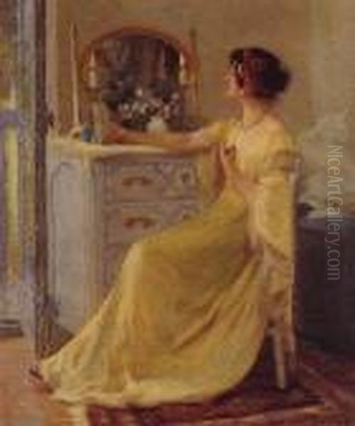 Bessie Potter Vonnoh At Her Dressing Table Oil Painting by Robert William Vonnoh