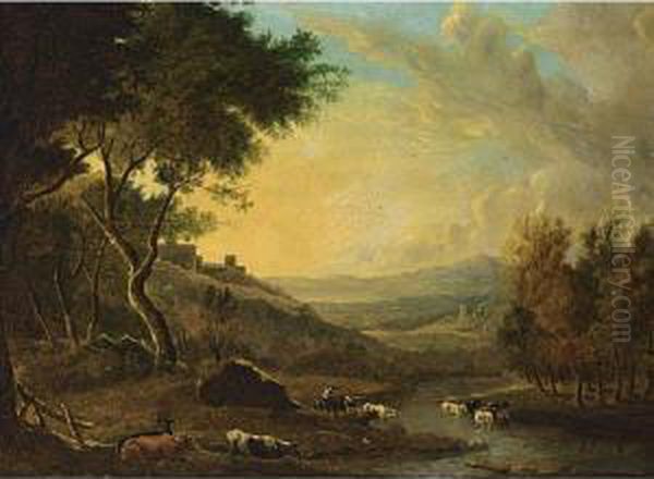 An Extensive Italinate Landscape With Cattle Oil Painting by Hendrik Voogd