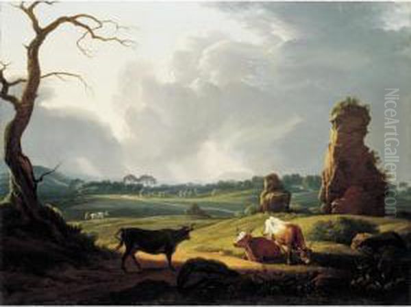 A View Of The Roman Campagna With Cattle Grazing And A Storm Approaching Oil Painting by Hendrik Voogd