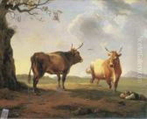 An Extensive Italianate 
Landscape At Dusk With A Shepherd Sleeping Beside A Bull And A Cow Oil Painting by Hendrik Voogd