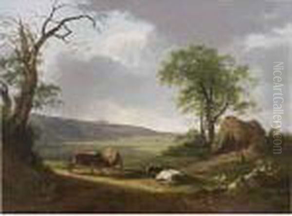 A View Of The Valley Of Ariccia, With Cows In The Foreground Oil Painting by Hendrik Voogd