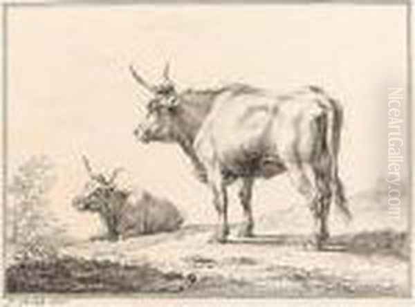 Two Cows, One Lying, One Standing Oil Painting by Hendrik Voogd