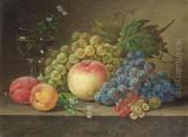 A Still Life With Peaches And Grapes On A Ledge Oil Painting by Sebastiaan Theodorus Voorn Boers