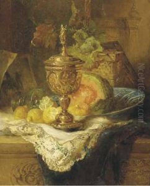 Fruits And A Gilt Auricular Cup And Cover On A Ledge by Maria Vos