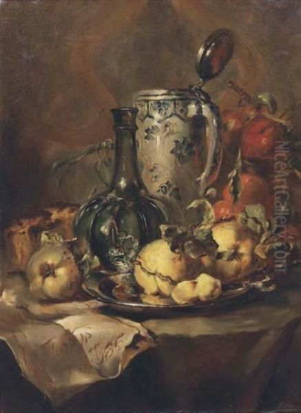 Quince Pears On A Silver Plate With A Glass Bottle And Earthenwaretankard Oil Painting by Maria Vos