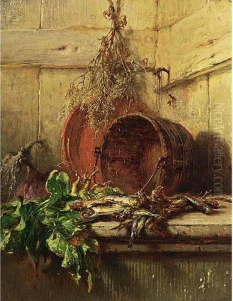 A Kitchen Still Life With Vegetables And Sardines Oil Painting by Maria Vos