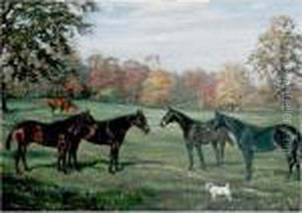 Hunters And A Terrier In A Pasture Oil Painting by Frank Brook Voss