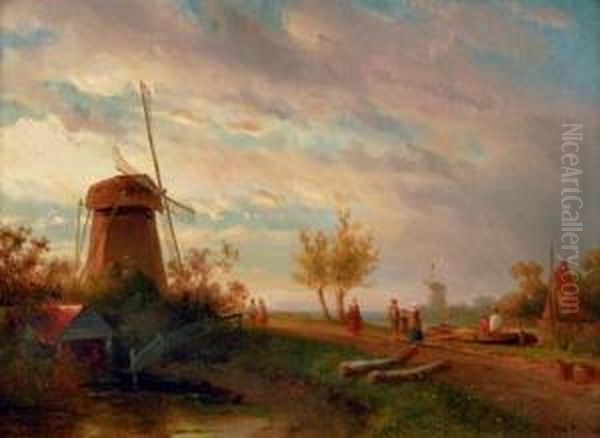 A Summer's Day Along A Waterway Oil Painting by Jacobus Adrianus Vrolijk