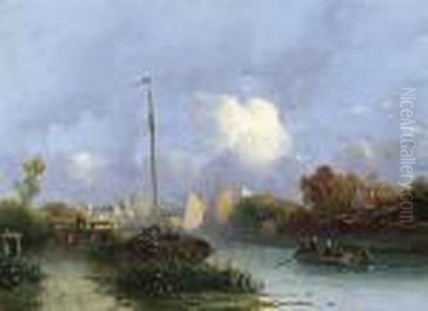 Town Along A River Oil Painting by Jacobus Adrianus Vrolijk