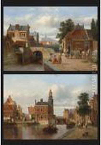 A View Of Haarlem, The St. Bavo 
In The Distance; A View Of The Munttoren, Amsterdam (a Pair) Oil Painting by Jacobus Adrianus Vrolijk