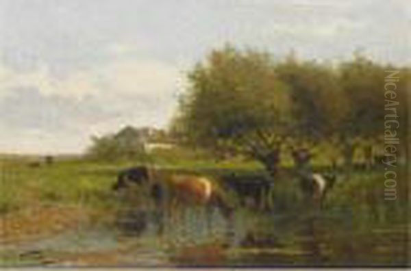 Cows In A Meadow Oil Painting by Jan Martinus Vrolijk