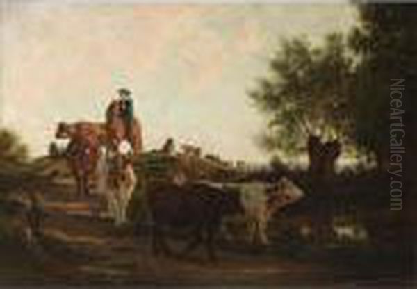 A Herd Of Cows And Their Drover In A Landscape Oil Painting by Jan Martinus Vrolijk