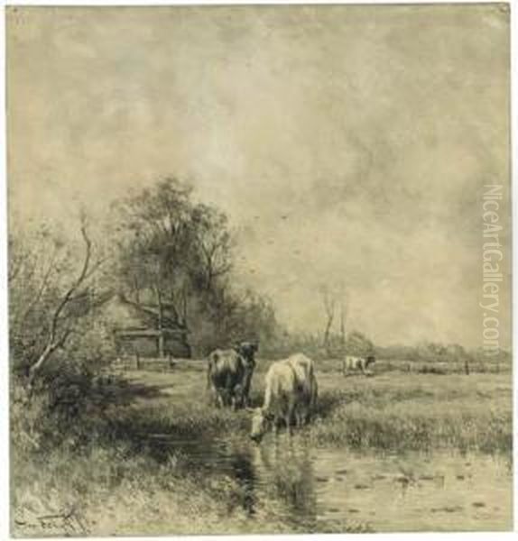 Cows By A Ditch In A Meadow, A Haystack Nearby Oil Painting by Jan Martinus Vrolijk