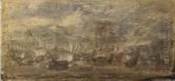 A Small Naval Battle Off The Coast Of A Fortified Town Oil Painting by Cornelis Hendricksz. The Younger Vroom