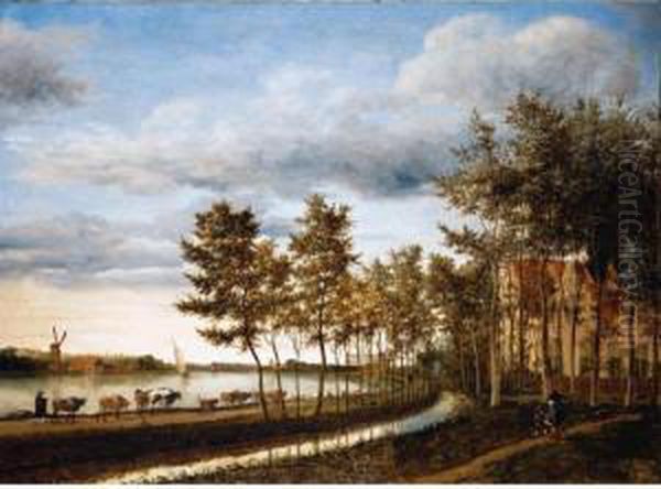 Drovers With Their Animals 
Walking On A Path Along The Spaarne, The City Of Haarlem In The Distance Oil Painting by Cornelis Hendricksz. The Younger Vroom