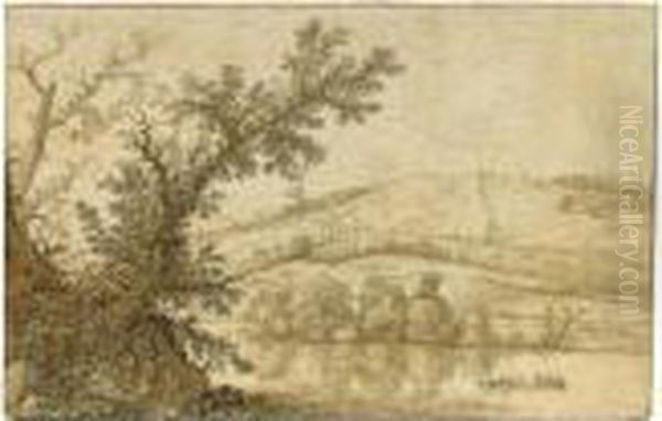 Wooded River Landscape With A Rowing Boat, And Hills Behind Oil Painting by Cornelis Hendricksz. The Younger Vroom