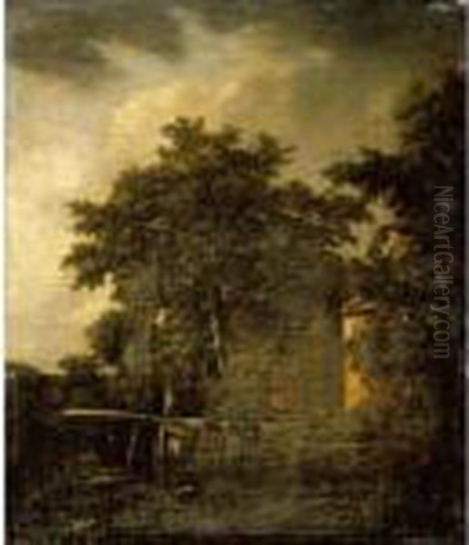 A Wooded Landscape With A Huntsman In Red Shooting By A Cottage Oil Painting by Cornelis Hendricksz. The Younger Vroom