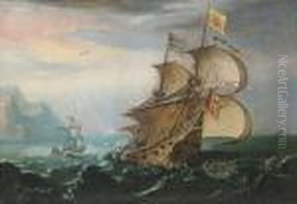 A Dutch Man-o'-war And Other Shipping In Choppy Seas Oil Painting by Cornelis Hendricksz. The Younger Vroom