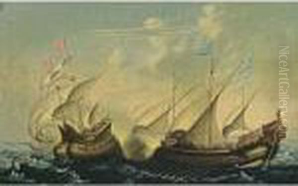 A Naval Battle Scene Between An Ottoman Man-of-war And A Galley Oil Painting by Cornelis Hendricksz. The Younger Vroom