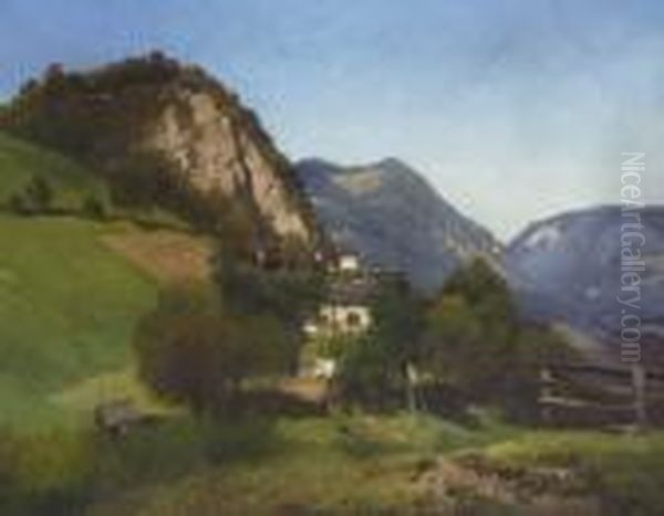 Gebirgslandschaft Mit
 Bauernhaus. Oil Painting by Adalbert Waagen