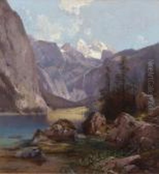 Der Obersee Bei Berchtesgaden Mit
 Blick Auf Die Teufelshorner. Oil Painting by Adalbert Waagen