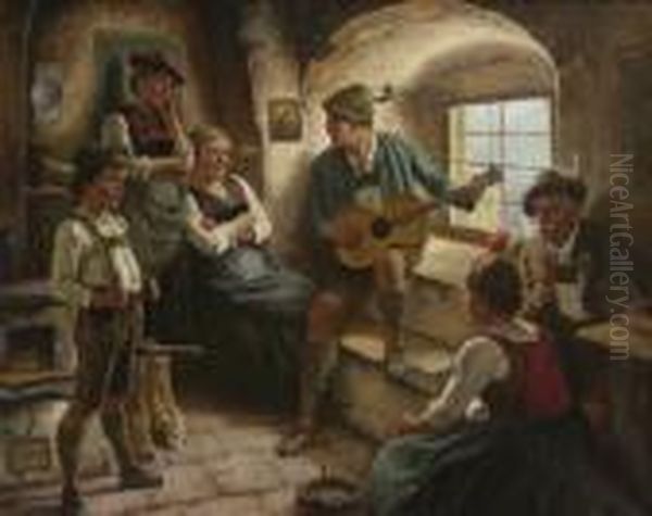 Musikalische Unterhaltung In Der
 Bauernstube. Oil Painting by Maximilian Wachsmuth