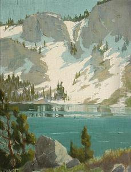 Snowy Slope By Water's Edge, 
Sierra Nevada;snow-covered Peaks And Pines Beside A Lake, Sierra Nevada Oil Painting by Elmer Wachtel