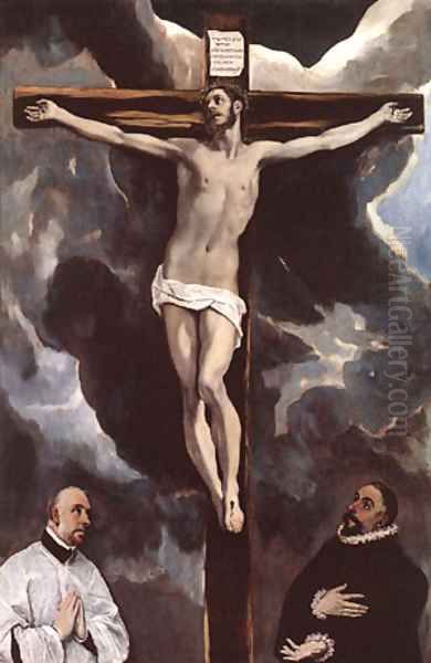 Christ On The Cross Adored By Donors 1585-90 Oil Painting by El Greco (Domenikos Theotokopoulos)