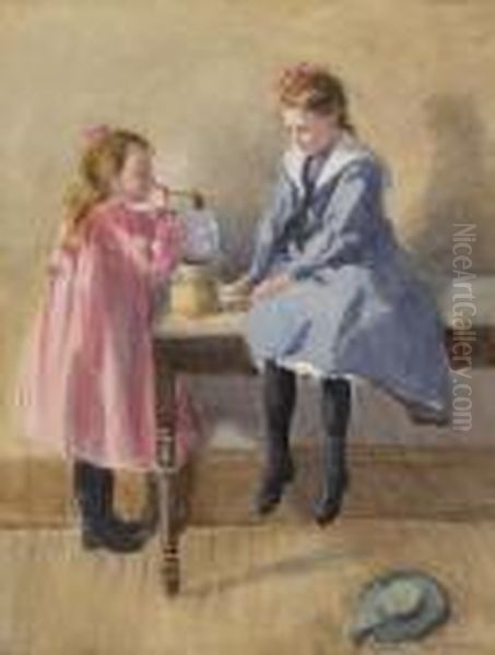 Two Girls Blowing Bubbles Oil Painting by Marion Kavanaugh Wachtel