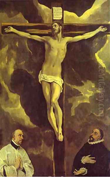 Christ On The Cross Adored By Two Donors 1585-1590 Oil Painting by El Greco (Domenikos Theotokopoulos)