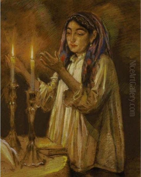 Lighting The Sabbath Candles Oil Painting by Wilhelm Wachtel