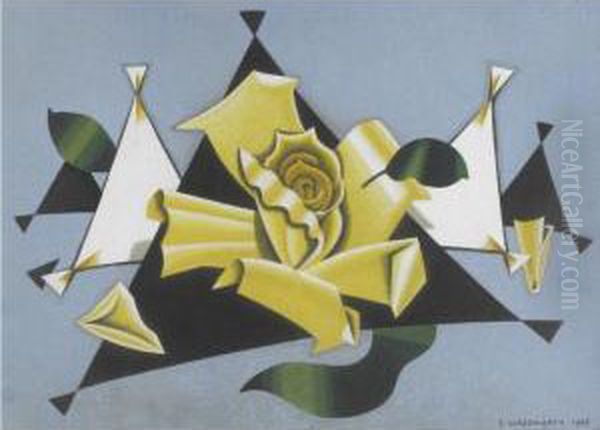 Yellow Rose On Blue Ground Oil Painting by Edward Wadsworth